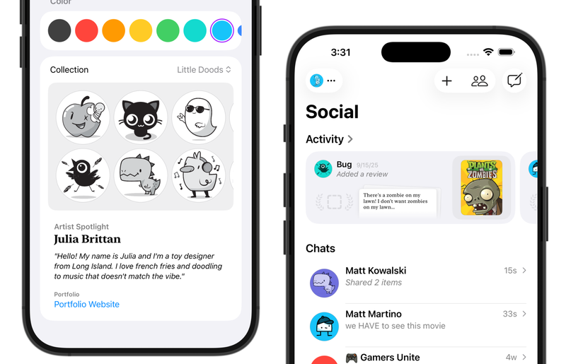 Screenshots of two iPhones showcasing how art from artists is used across the app.