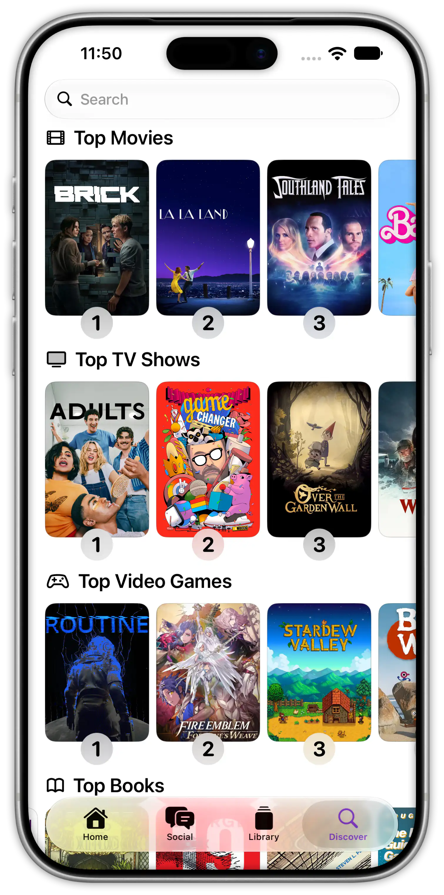 The Discover tab with top movies, TV shows, video games, and books