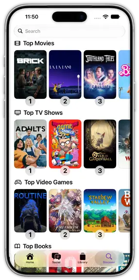 The Discover tab with top movies, TV shows, video games, and books