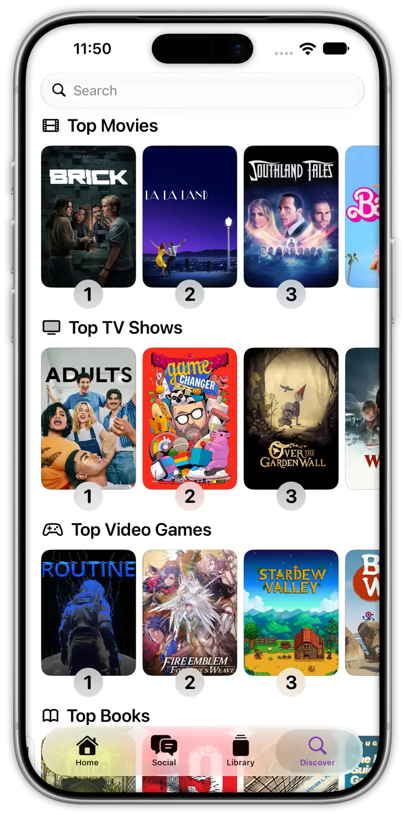 The Discover tab with top movies, TV shows, video games, and books