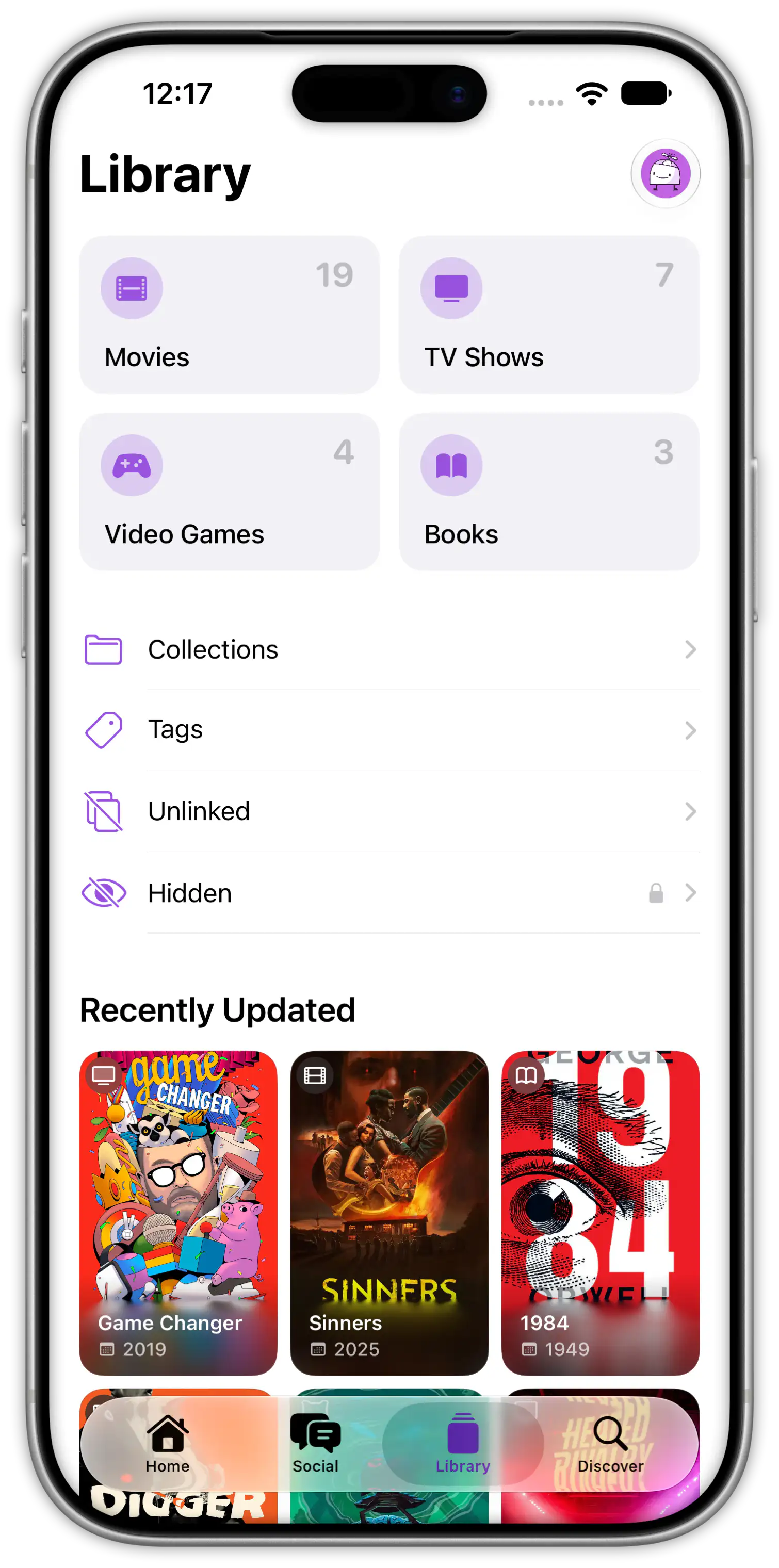 The Radar library with movies, TV shows, video games, and books