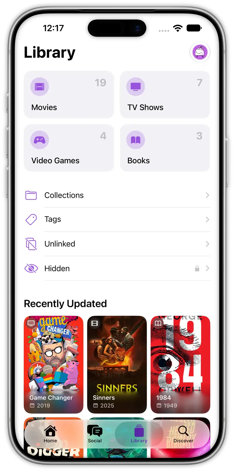 The Radar library with movies, TV shows, video games, and books
