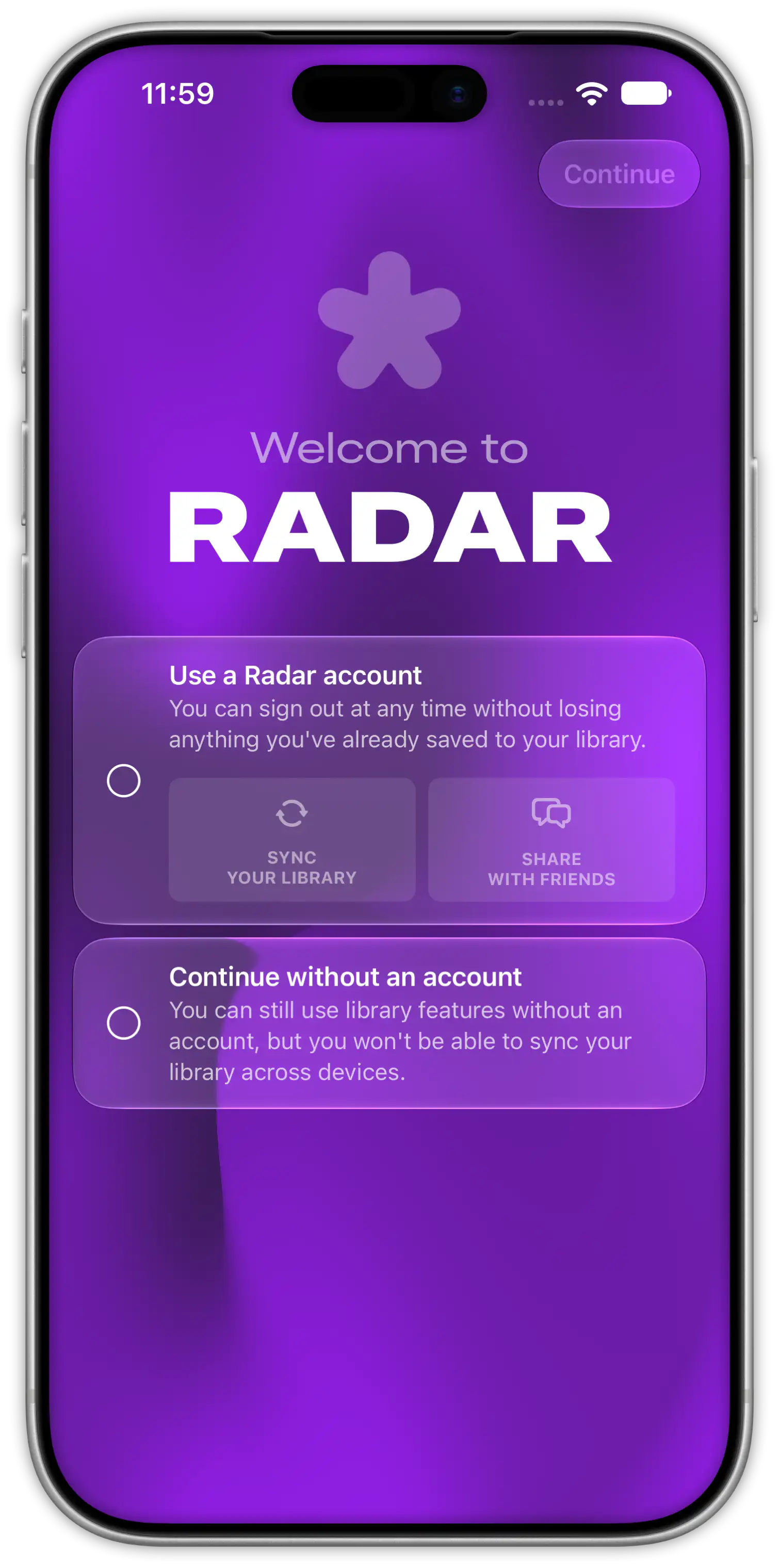 Radar welcome screen offering a Radar account or continuing without one