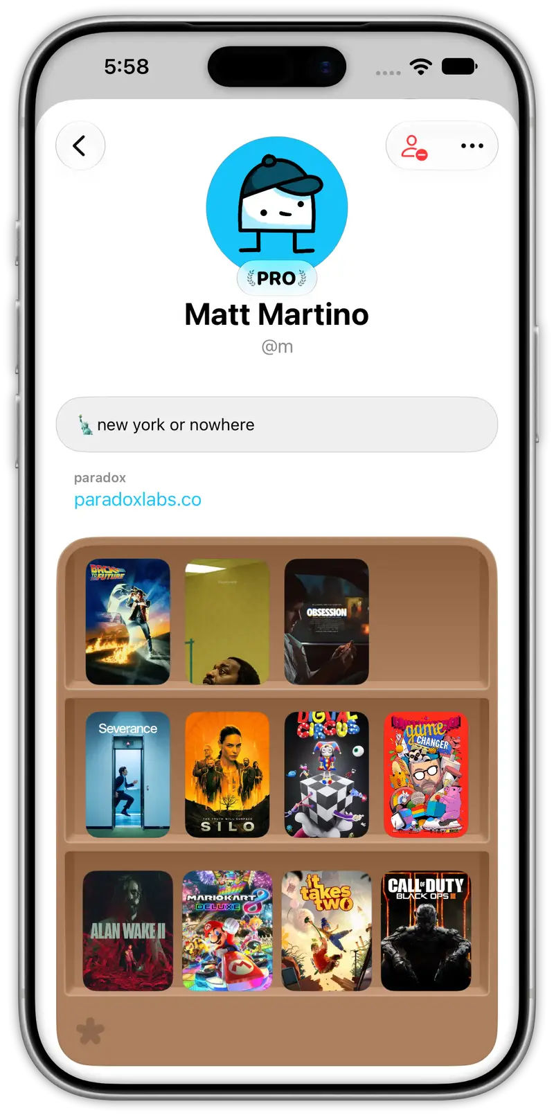 Radar profile with curated shelves, bio, and links