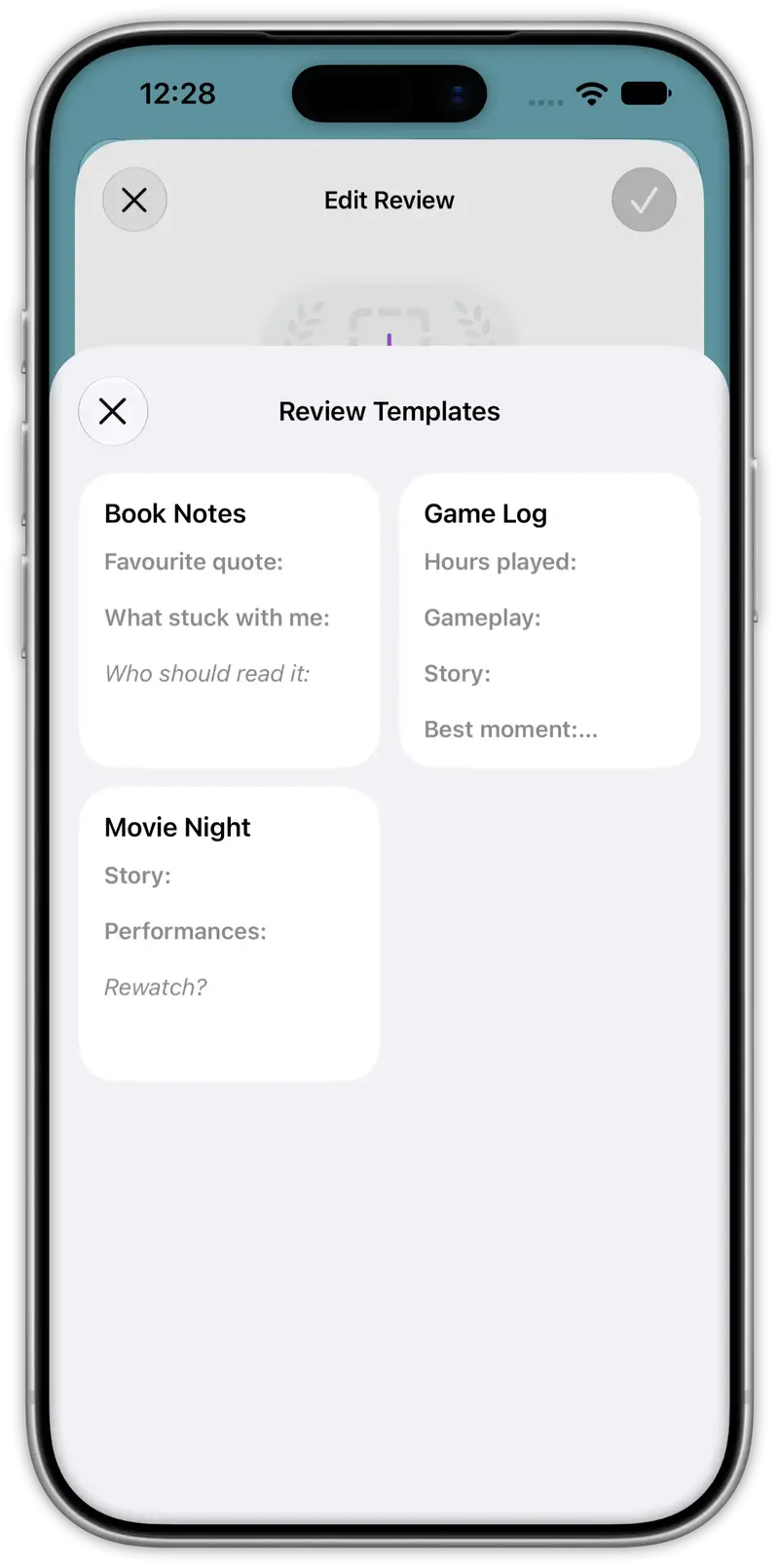 The Review Templates sheet with Book Notes, Game Log, and Movie Night templates