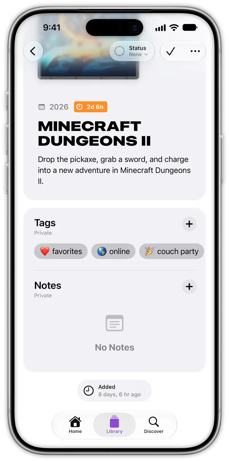 Minecraft Dungeons II in a Radar library with private favorites, online, and couch party tags